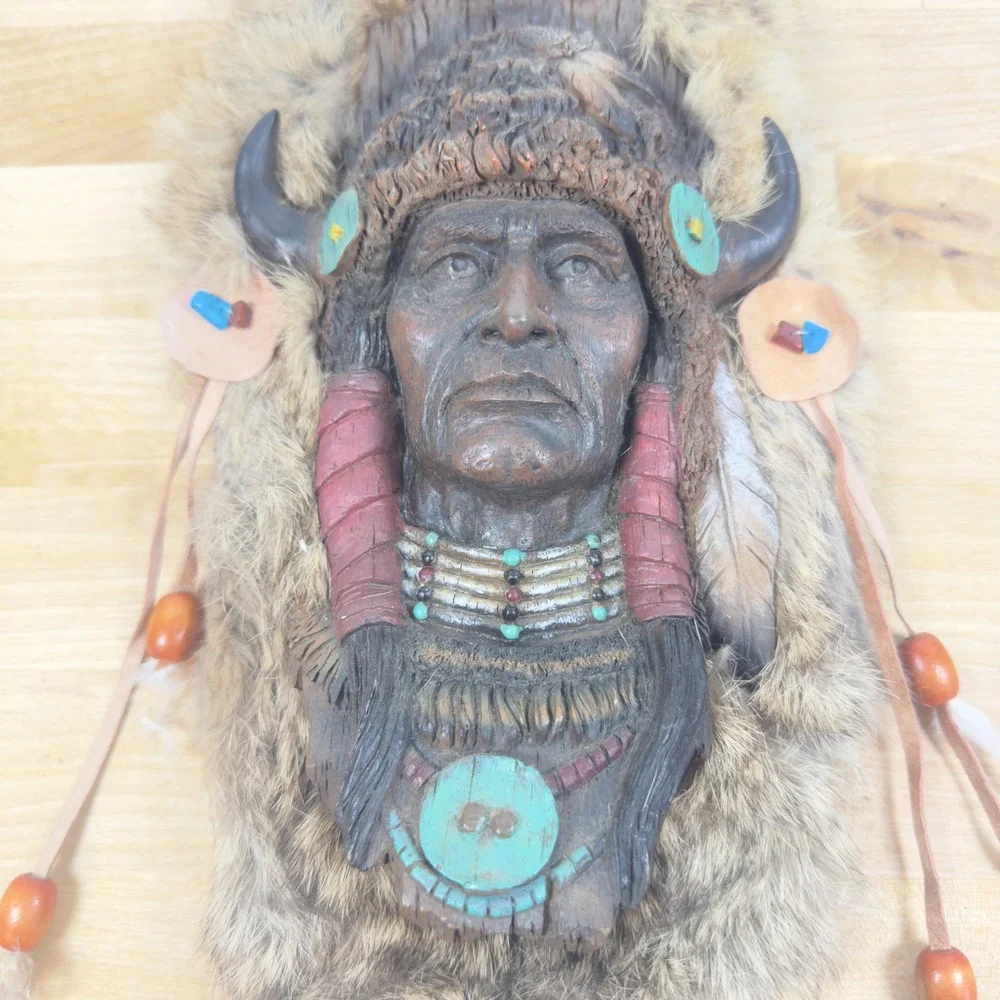 Vintage Native American Style Chief Wall Plaque Faux Fur Leather Wood Decor